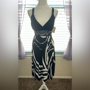 NWT Studio West Black and White Midi Dress with Silver Embellishment at Waist